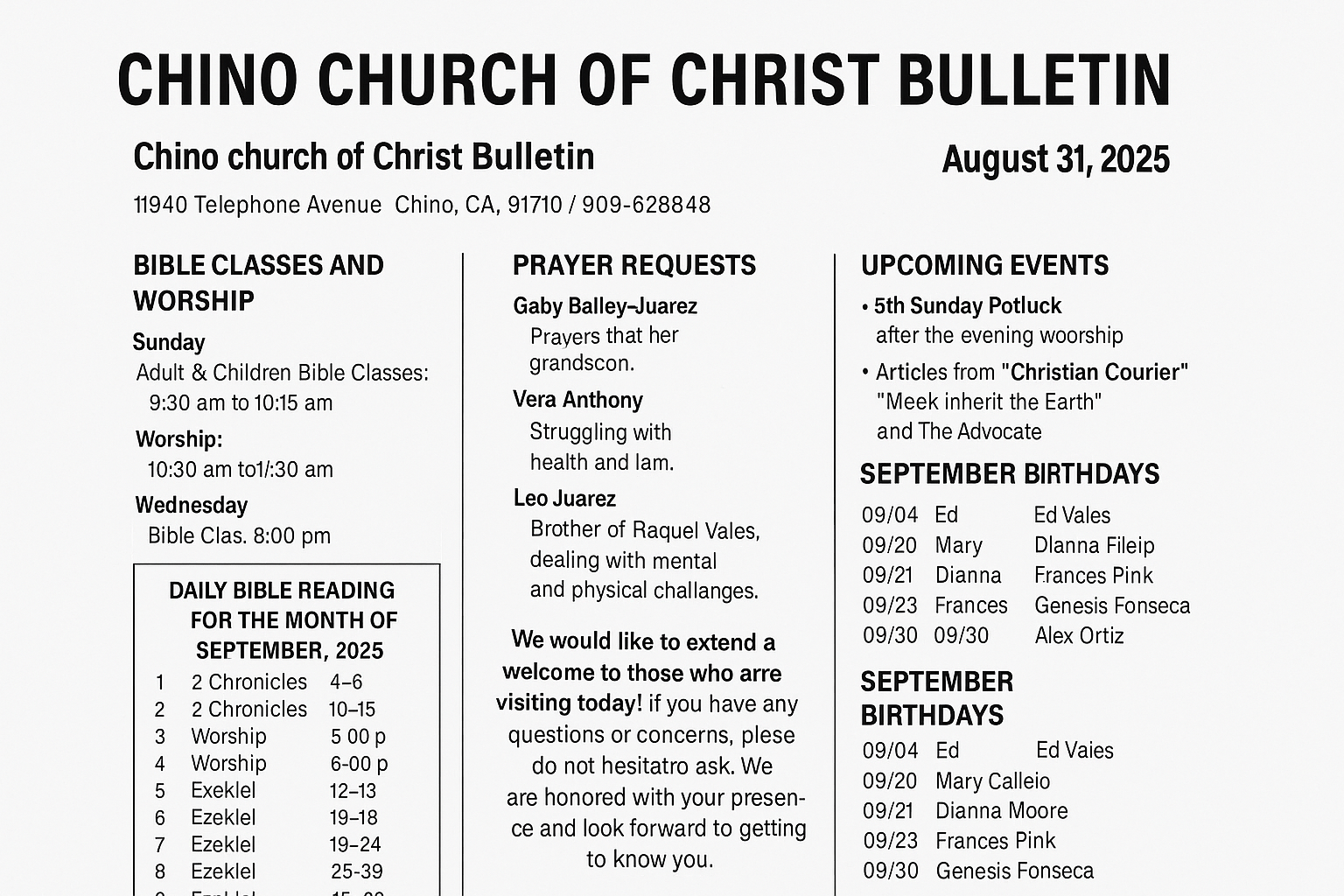 Chino Church of Christ Bulletin August 31, 2025 with worship schedule, Bible readings, birthdays, and prayer requests.