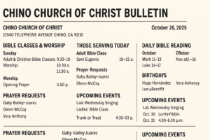 Chino Church of Christ Bulletin cover for October 26, 2025 featuring church updates and schedule.