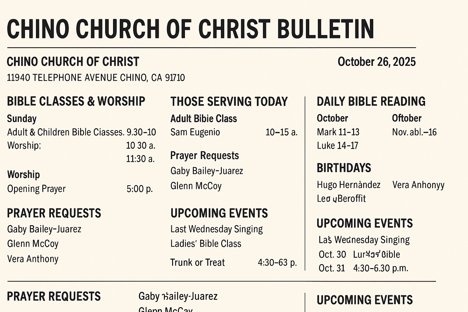 Chino Church of Christ Bulletin cover for October 26, 2025 featuring church updates and schedule.