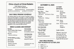Chino Church of Christ October 2025 bulletin with worship schedule, Bible readings, and community announcements.