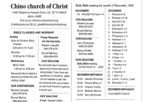 Image representing the Chino Church of Christ bulletin with worship schedules, Bible readings, events, and prayer requests.