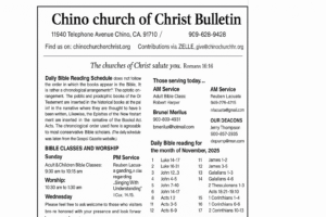 Chino Church of Christ November 2025 bulletin cover with church information, worship schedule, and Bible reading plan.