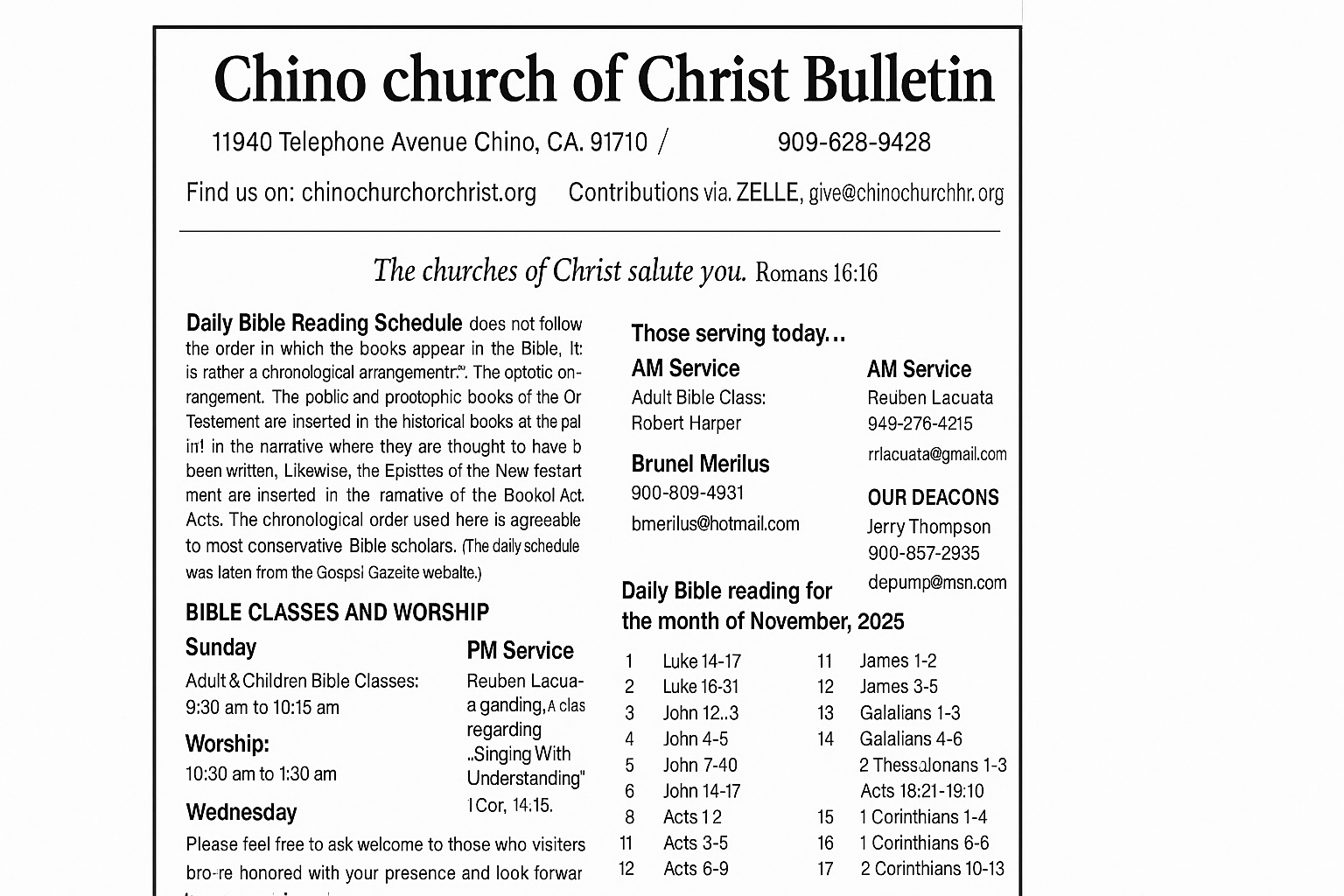 Chino Church of Christ November 2025 bulletin cover with church information, worship schedule, and Bible reading plan.