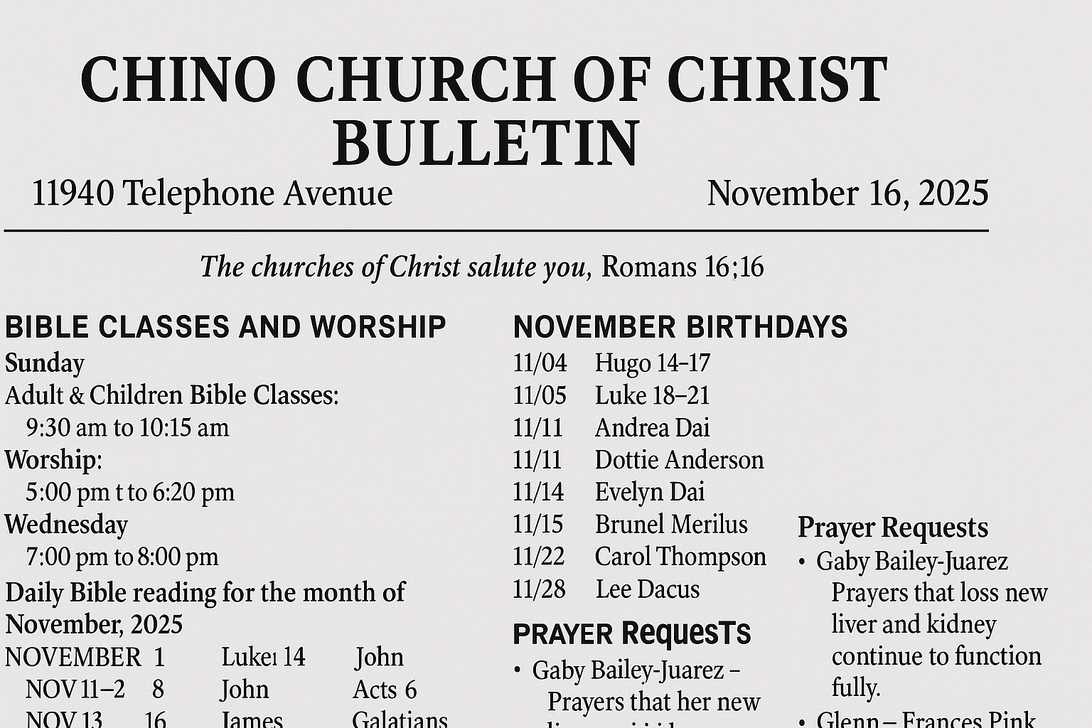 Chino Church of Christ November 16, 2025 bulletin featuring service times, Bible readings, prayer requests, and church announcements.