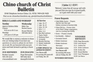 Chino Church of Christ November 23, 2025 bulletin featuring worship schedule, prayer requests, announcements, and upcoming events.