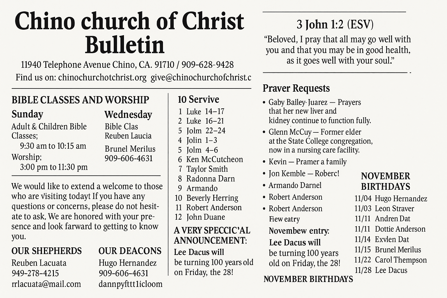 Chino Church of Christ November 23, 2025 bulletin featuring worship schedule, prayer requests, announcements, and upcoming events.