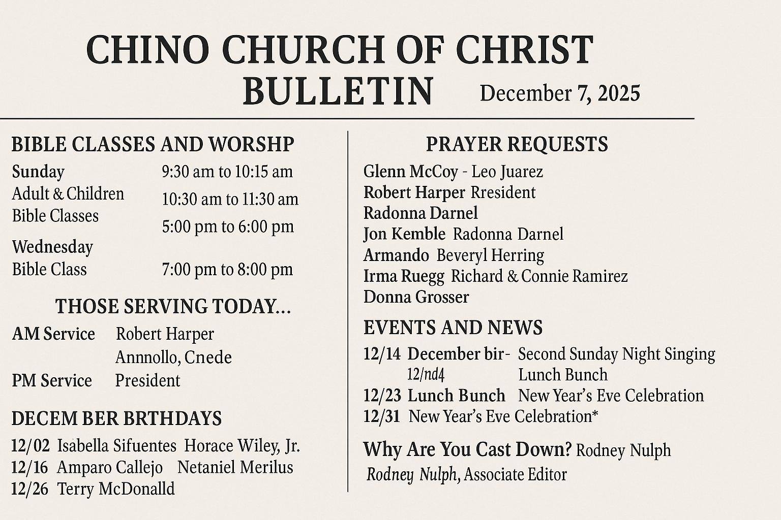 Bulletin image for Chino Church of Christ showing December 7, 2025 worship schedule, prayer requests, and upcoming church events.